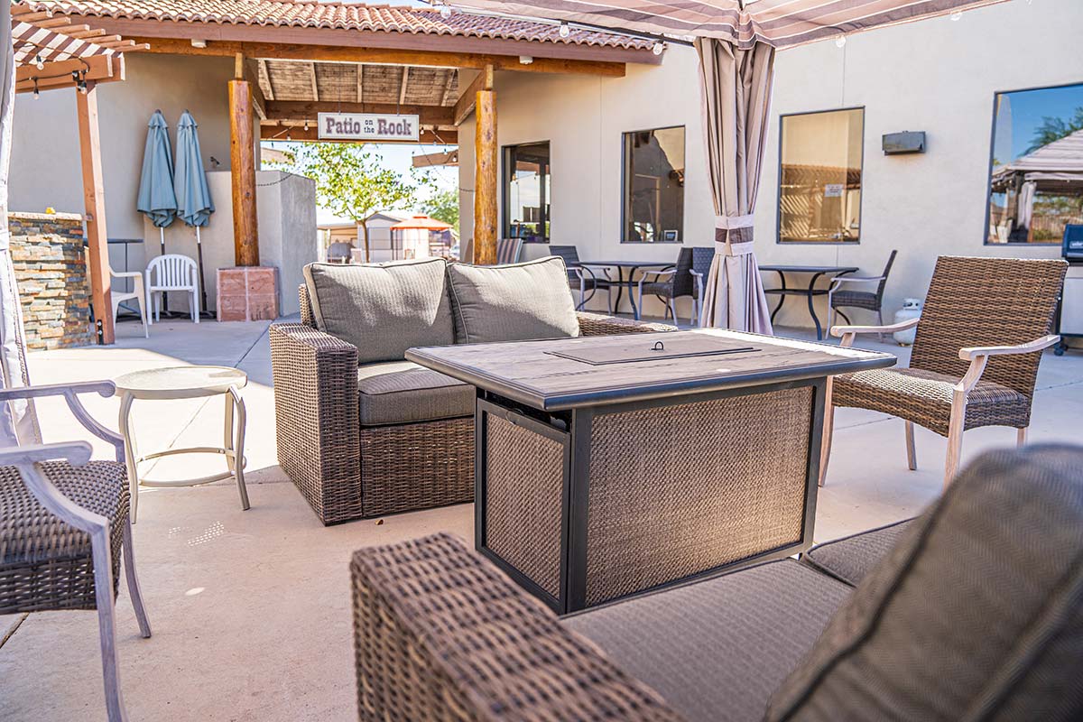 Patio with fire-table and sitting areas