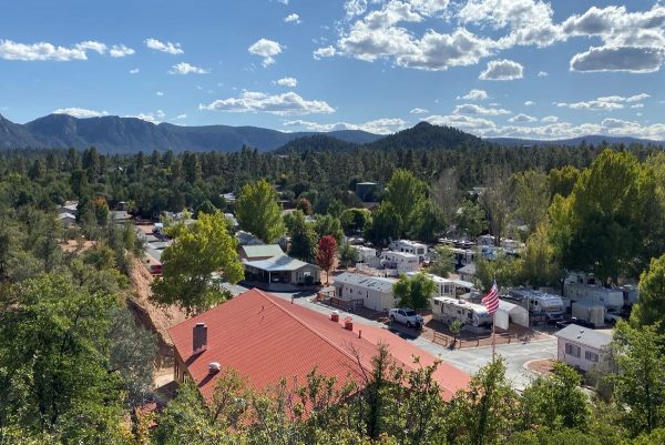 Mobilehome park within forest, background mountains
